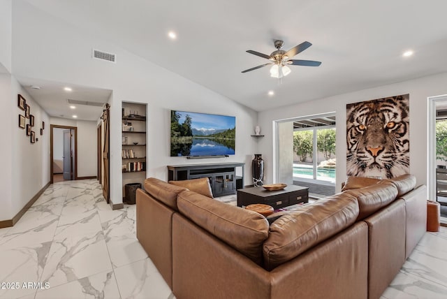 5101 E Paradise Dr, Scottsdale, AZ 85254 - living area featuring light marble finish floors, recessed lighting, ceiling fan, and vaulted ceiling