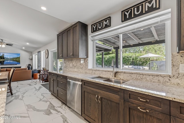 5101 E Paradise Dr, Scottsdale, AZ 85254 - kitchen featuring dishwasher, dark brown cabinets, tasteful backsplash, light marble finish floors, and recessed lighting