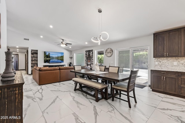 5101 E Paradise Dr, Scottsdale, AZ 85254 - dining room featuring light marble finish floors, lofted ceiling, recessed lighting, and a ceiling fan