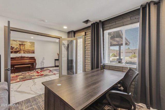 5101 E Paradise Dr, Scottsdale, AZ 85254 - office area with marble look tile flooring, brick wall, and recessed lighting