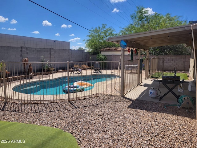 view of swimming pool featuring a fenced backyard, a fenced in pool, and a patio area