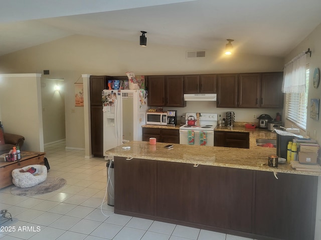 kitchen with visible vents, a peninsula, lofted ceiling, white appliances, and under cabinet range hood