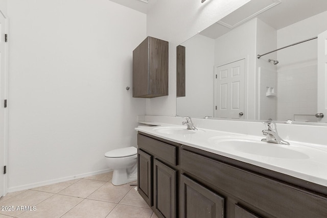 bathroom with tile patterned floors, vanity, toilet, and walk in shower