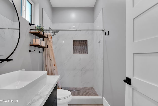 full bathroom with toilet, a shower stall, and vanity