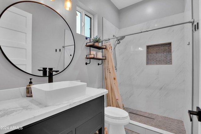 bathroom featuring toilet, a stall shower, and vanity