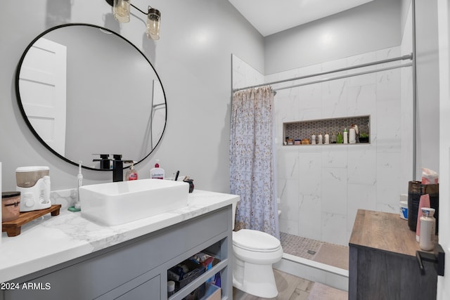 bathroom with a tile shower, vanity, toilet, and wood finished floors