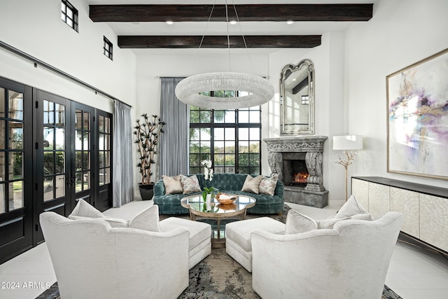 living room featuring a high end fireplace, beam ceiling, and tile patterned flooring