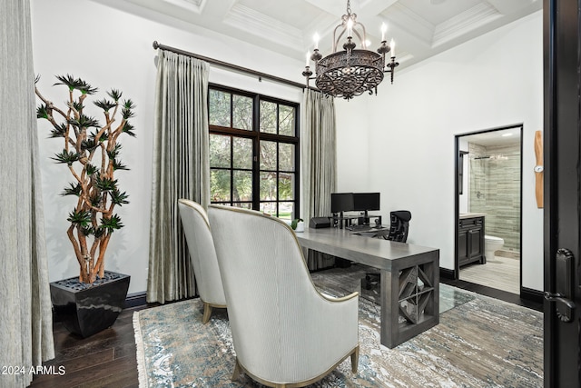 office space with coffered ceiling, dark hardwood / wood-style flooring, a notable chandelier, and beam ceiling