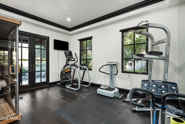 workout area featuring crown molding, french doors, and dark hardwood / wood-style floors