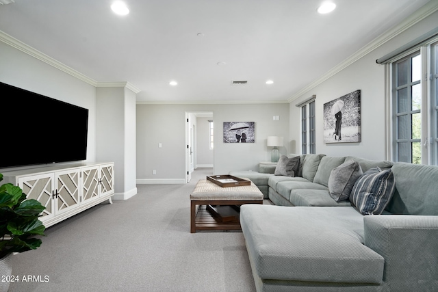 living room with carpet floors and ornamental molding