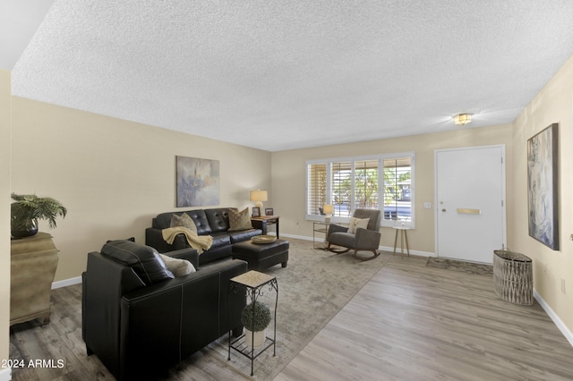 living room featuring wood-type flooring and a textured ceiling