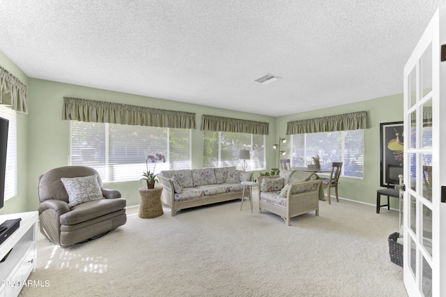 carpeted living room featuring a textured ceiling