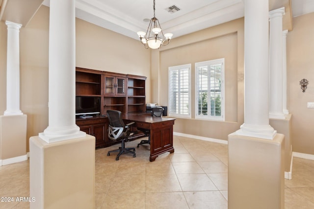 office area featuring an inviting chandelier and light tile patterned floors