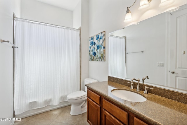 full bathroom featuring vanity, tile patterned flooring, toilet, and shower / bathtub combination with curtain