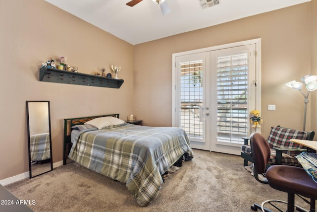 bedroom with light carpet, ceiling fan, french doors, and access to exterior