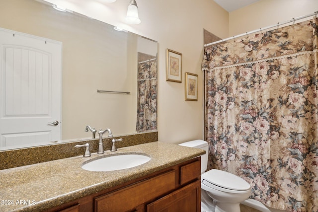 bathroom featuring vanity, toilet, and a shower with curtain