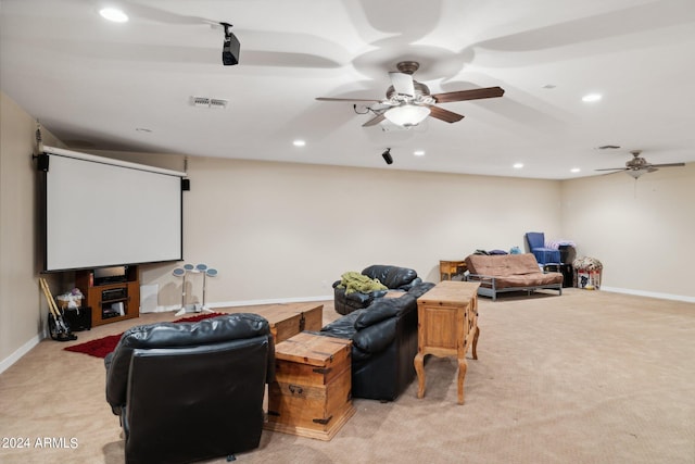 carpeted cinema with ceiling fan