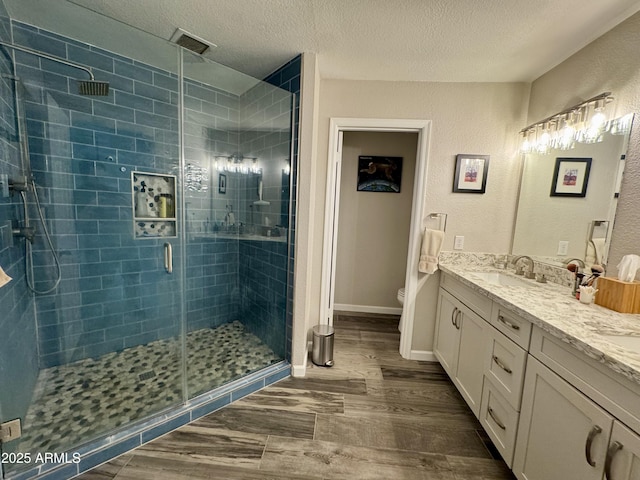 1060 E Louis Way, Tempe, AZ 85284 - bathroom with wood finished floors, double vanity, a textured ceiling, a stall shower, and a textured wall