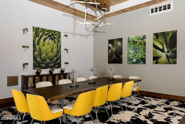 dining room with tile patterned flooring and wooden ceiling