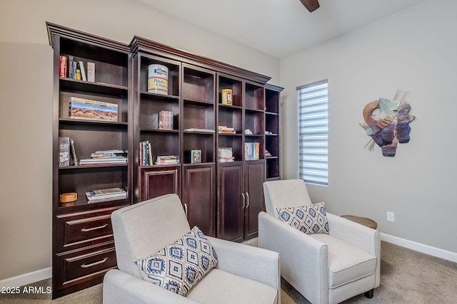 living area featuring light colored carpet