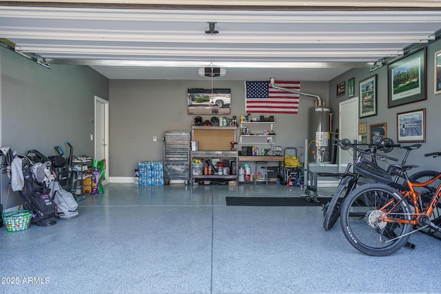 garage with a garage door opener and water heater