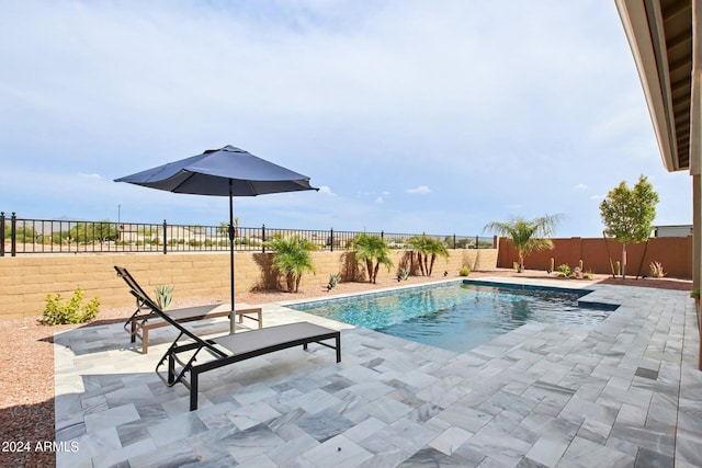 view of swimming pool with a fenced in pool, a fenced backyard, and a patio