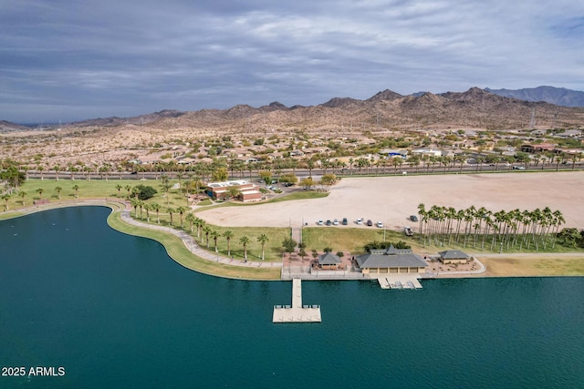 bird's eye view featuring a water and mountain view