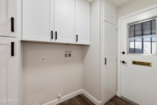 laundry room with cabinet space, baseboards, dark wood-style floors, washer hookup, and electric dryer hookup