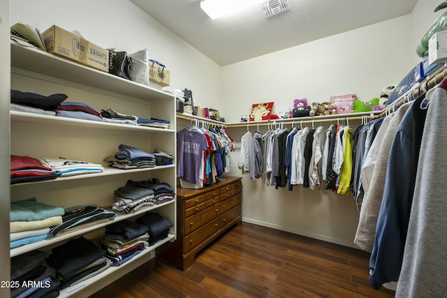 spacious closet featuring dark hardwood / wood-style flooring and vaulted ceiling