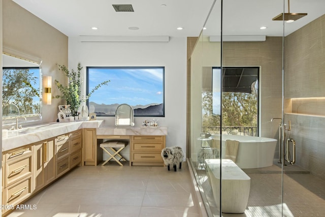 bathroom with a soaking tub, visible vents, vanity, a shower stall, and tile patterned floors