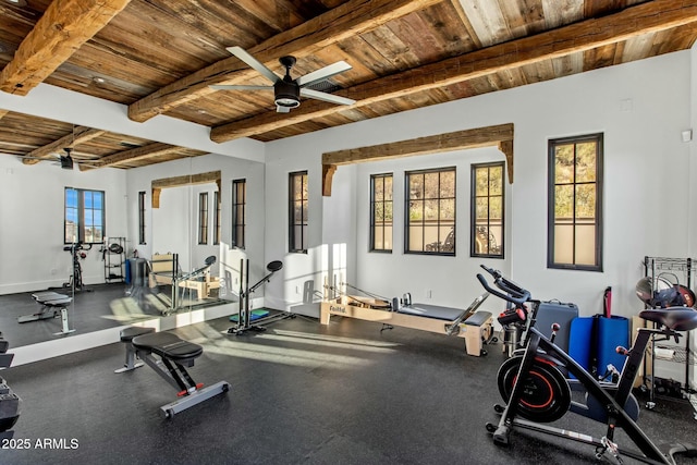 exercise room featuring ceiling fan, wooden ceiling, and baseboards