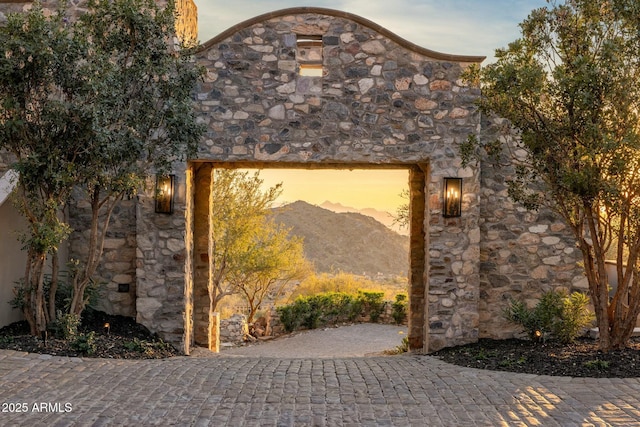 exterior space featuring a mountain view