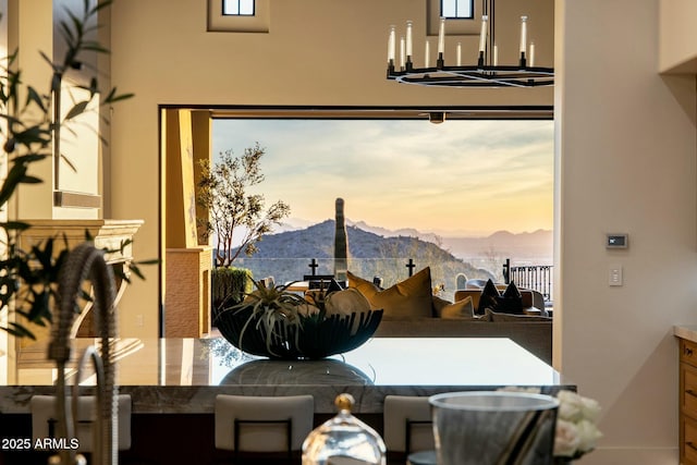 dining space with a mountain view