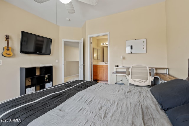 bedroom featuring ensuite bath and ceiling fan