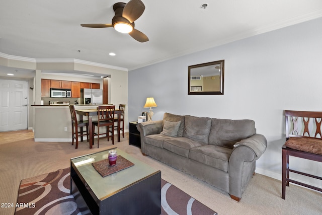 living room with light carpet, ceiling fan, and crown molding