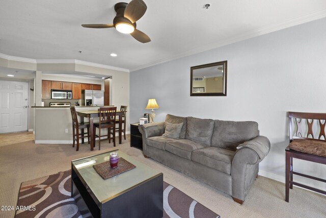 2025 E Campbell Ave Unit 260, Phoenix, AZ 85016 - living area featuring recessed lighting, ornamental molding, baseboards, ceiling fan, and light carpet