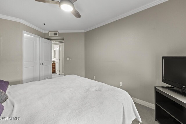 2025 E Campbell Ave Unit 260, Phoenix, AZ 85016 - bedroom featuring baseboards, visible vents, ornamental molding, and carpet flooring