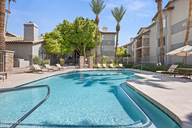 view of swimming pool with a patio