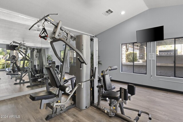 exercise room featuring hardwood / wood-style flooring and lofted ceiling