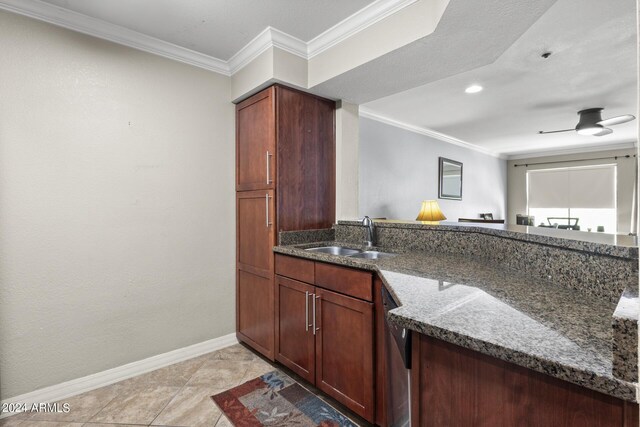 2025 E Campbell Ave Unit 260, Phoenix, AZ 85016 - kitchen with a sink, ornamental molding, dark stone countertops, and baseboards