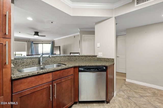 kitchen featuring ceiling fan, ornamental molding, sink, stainless steel dishwasher, and dark stone countertops