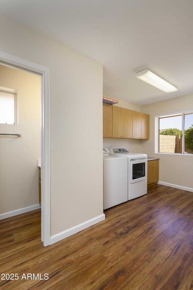 11447 E Mendoza Ave, Mesa, AZ 85209 - clothes washing area featuring baseboards, dark wood finished floors, cabinet space, and washer and dryer