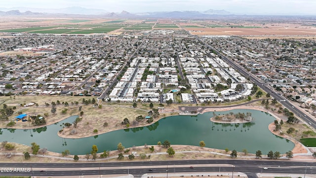 bird's eye view featuring a water and mountain view