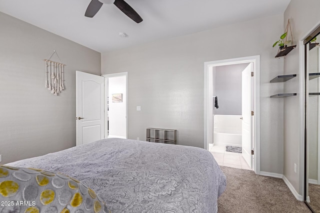 2714 N 63rd St, Mesa, AZ 85215 - bedroom featuring ceiling fan, light colored carpet, and ensuite bath