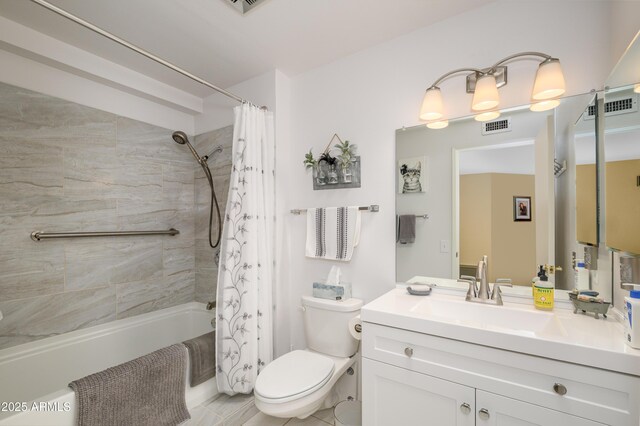 bathroom with visible vents, toilet, shower / bath combo with shower curtain, and vanity