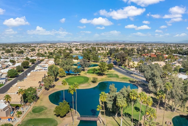 bird's eye view featuring a residential view, view of golf course, and a water view