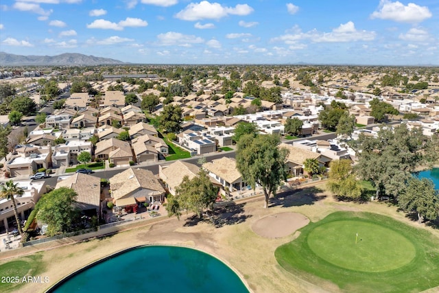 bird's eye view featuring a residential view, a mountain view, and golf course view