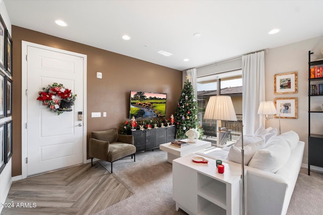 living room featuring light parquet flooring