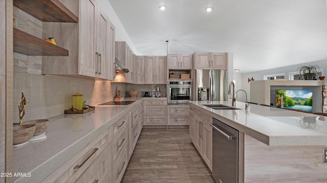 4073 E Stable Ct, Gilbert, AZ 85297 - kitchen with stainless steel appliances, open shelves, light countertops, range hood, and tasteful backsplash