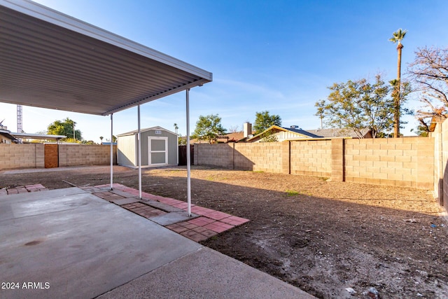 view of yard with a storage unit and a patio area